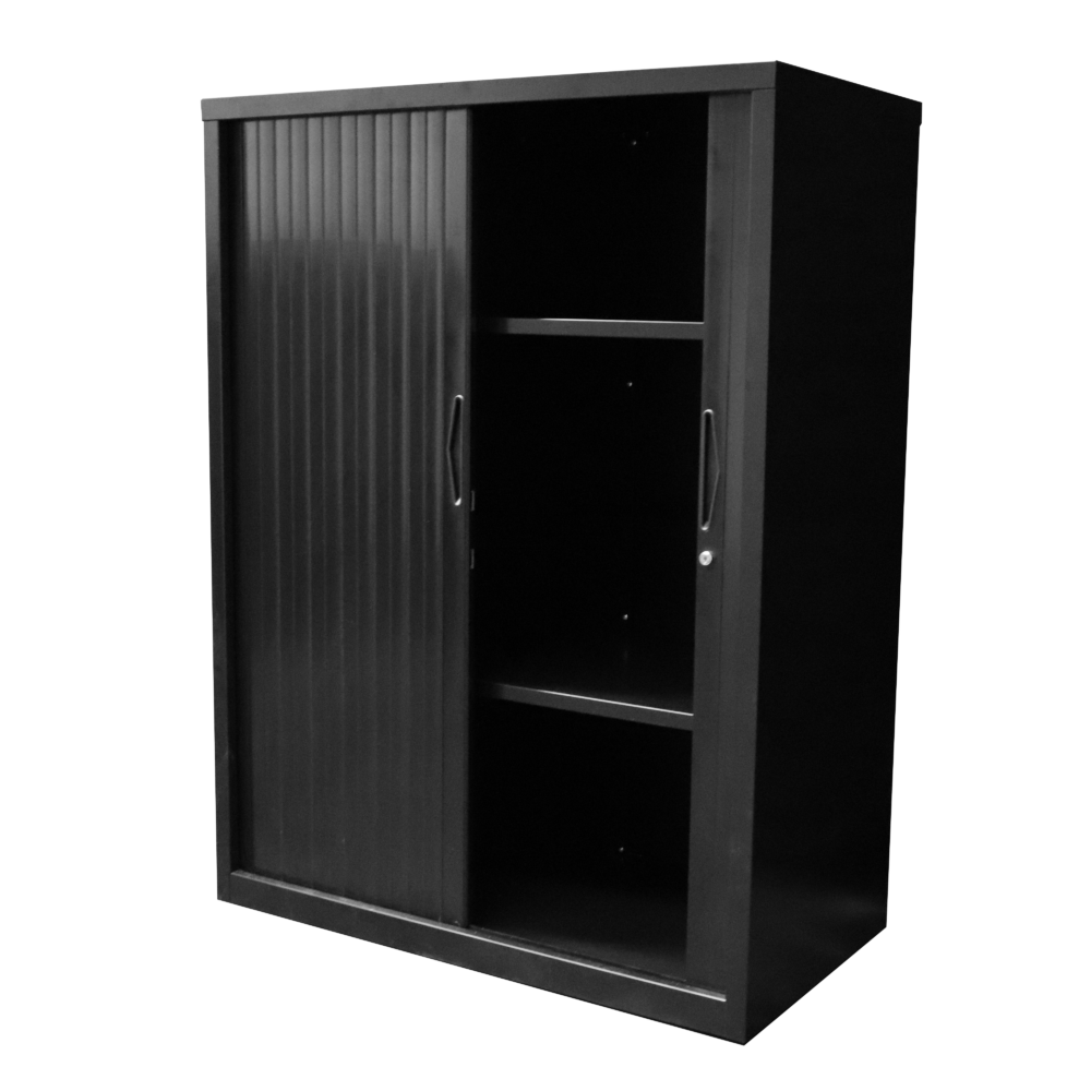 tambour-door-cupboards-black -open - cabinets-lockers-benchmark-shelving-storage-australia