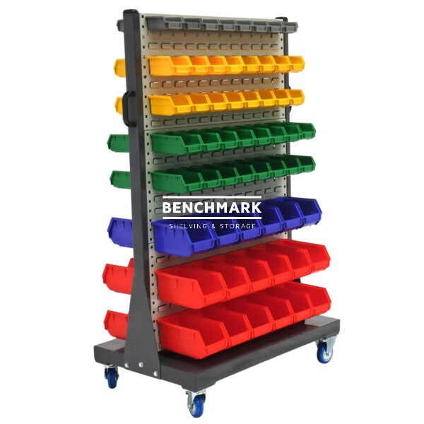 mobile-parts-trolley-louvre-panels-bins-benchmark-shelving-storage